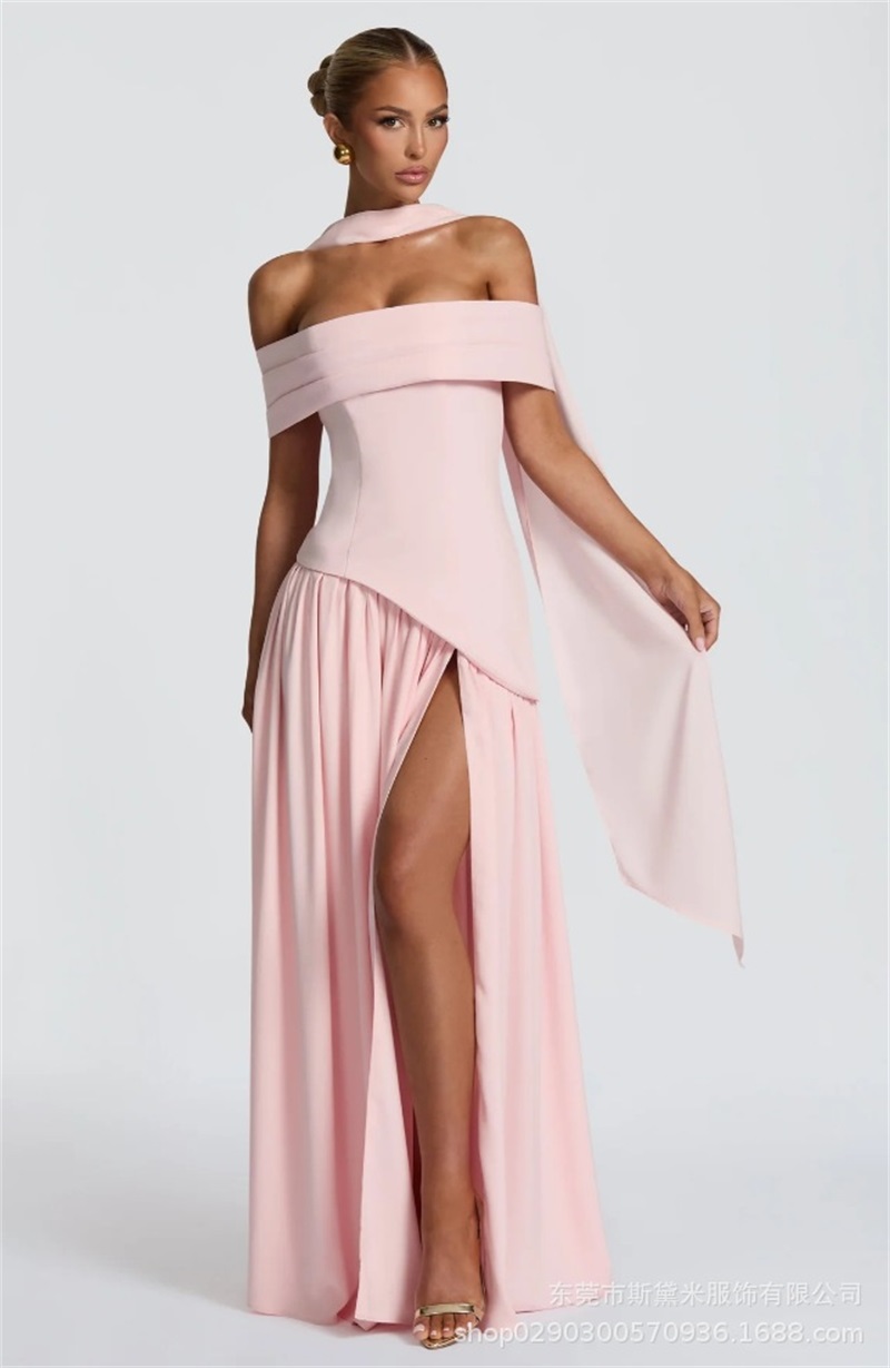 Formal Wear Gowns For Women - Pink Women Prom Dress With Scarf