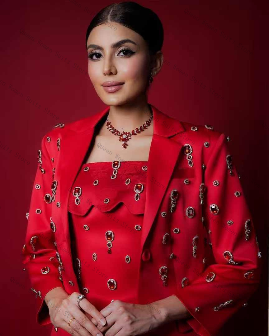 Women Formal Wear With Skirt - Luxury Red Crystals Women Suit Set