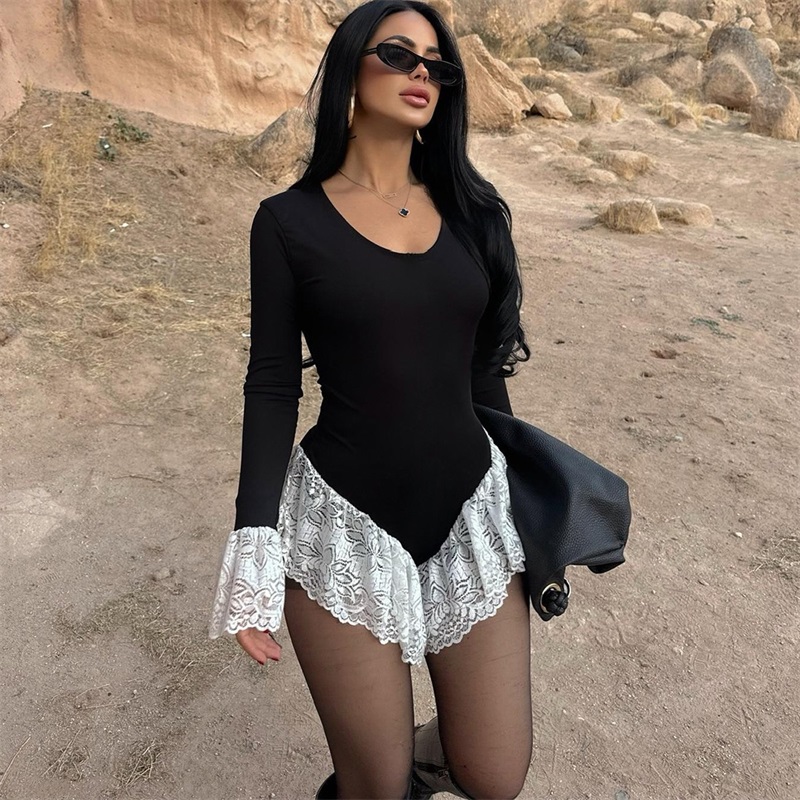 Women'S Formal Wear Jumpsuit - Black White Lace Women Jumpsuit Full