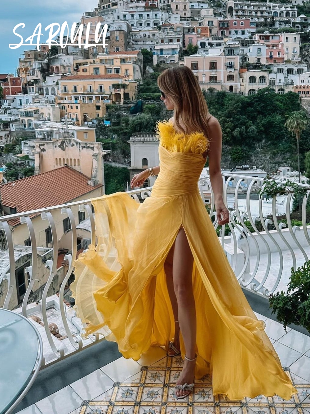 Vibrant Yellow Feather Straple - Women'S Formal Resort Wear review and price