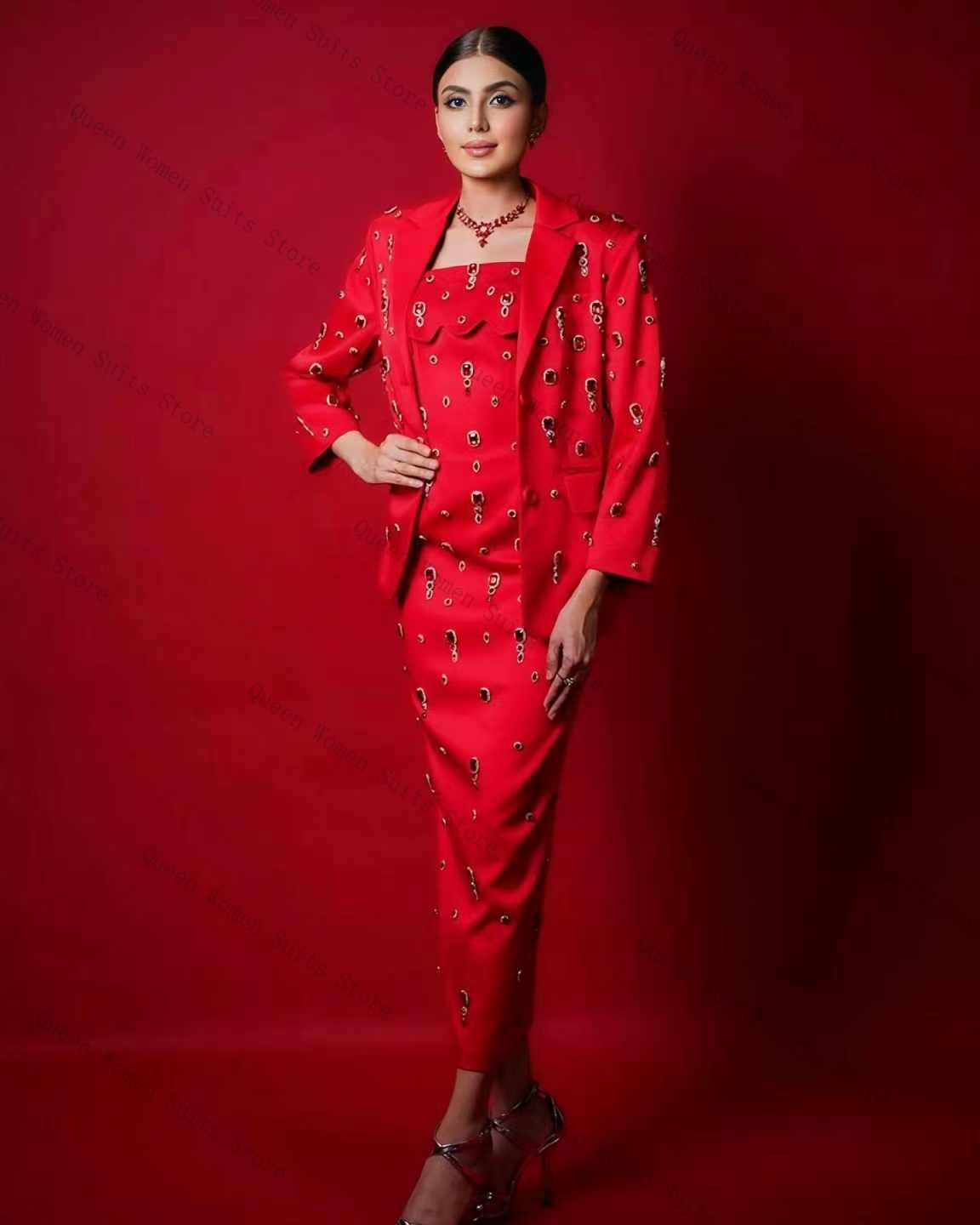 Luxury Red Crystals Women Suit - Women Formal Wear With Skirt review and price