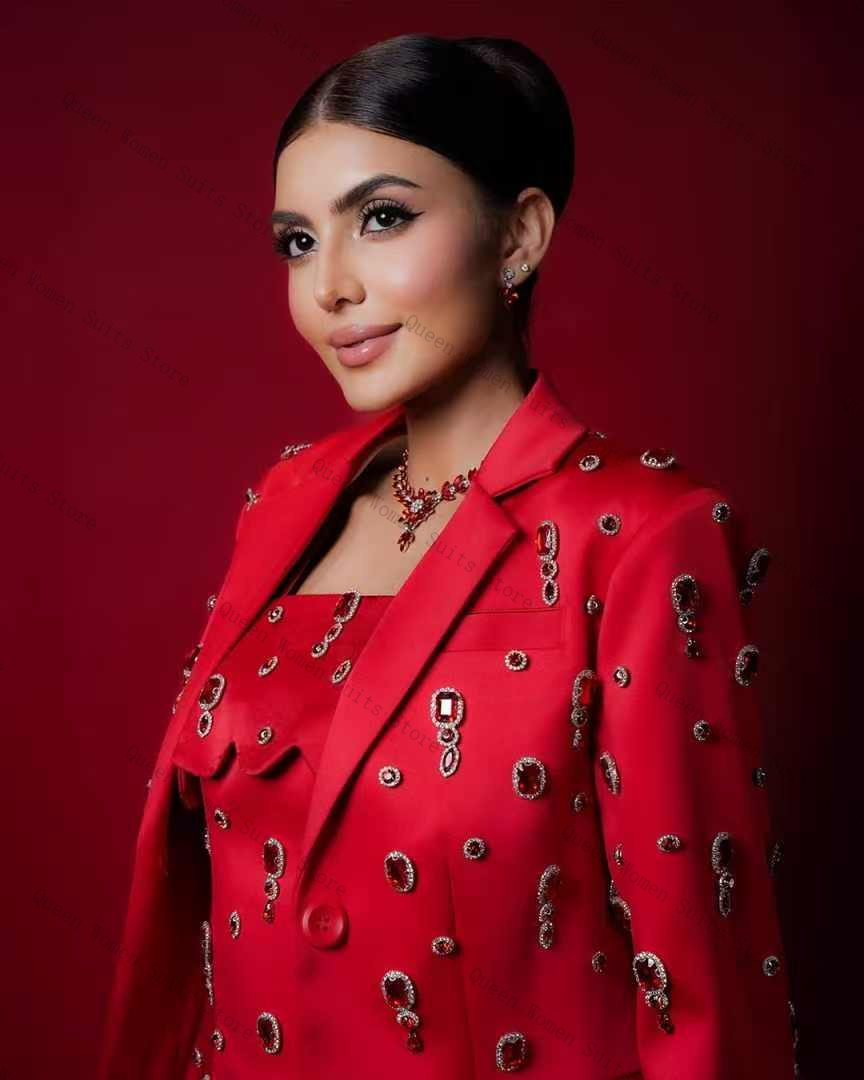 Luxury Red Crystals Women Suit - Women Formal Wear With Skirt review and price