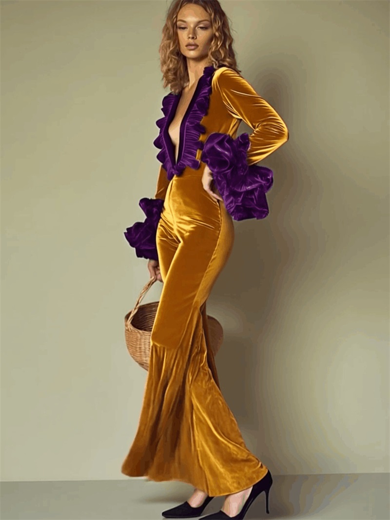 Yellow Purple Velvet Women Jum - Women'S Formal Wear Jumpsuit review and price