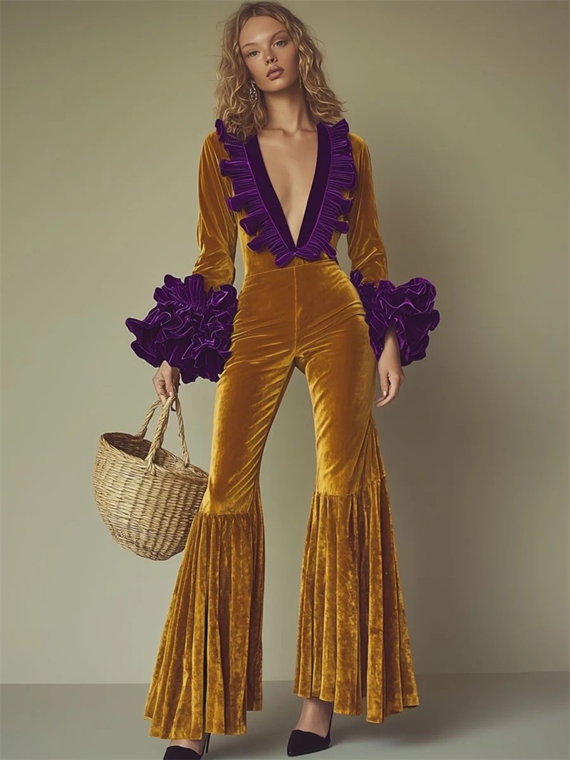 Yellow Purple Velvet Women Jum - Women'S Formal Wear Jumpsuit review and price